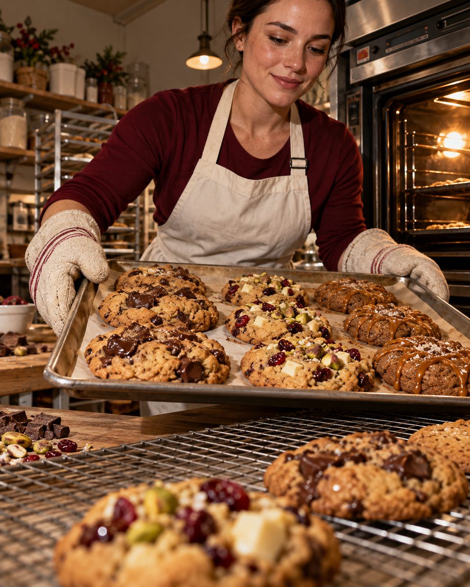 Frau in der Backstube hält ein Blech mit frisch gebackenen Cookies