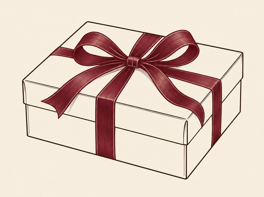 Zeichnung einer Geschenkbox mit burgunderroter Schleife
